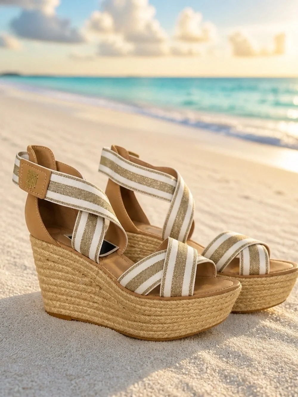 Tommy Hilfiger Tan and White Striped Wedge Espadrilles